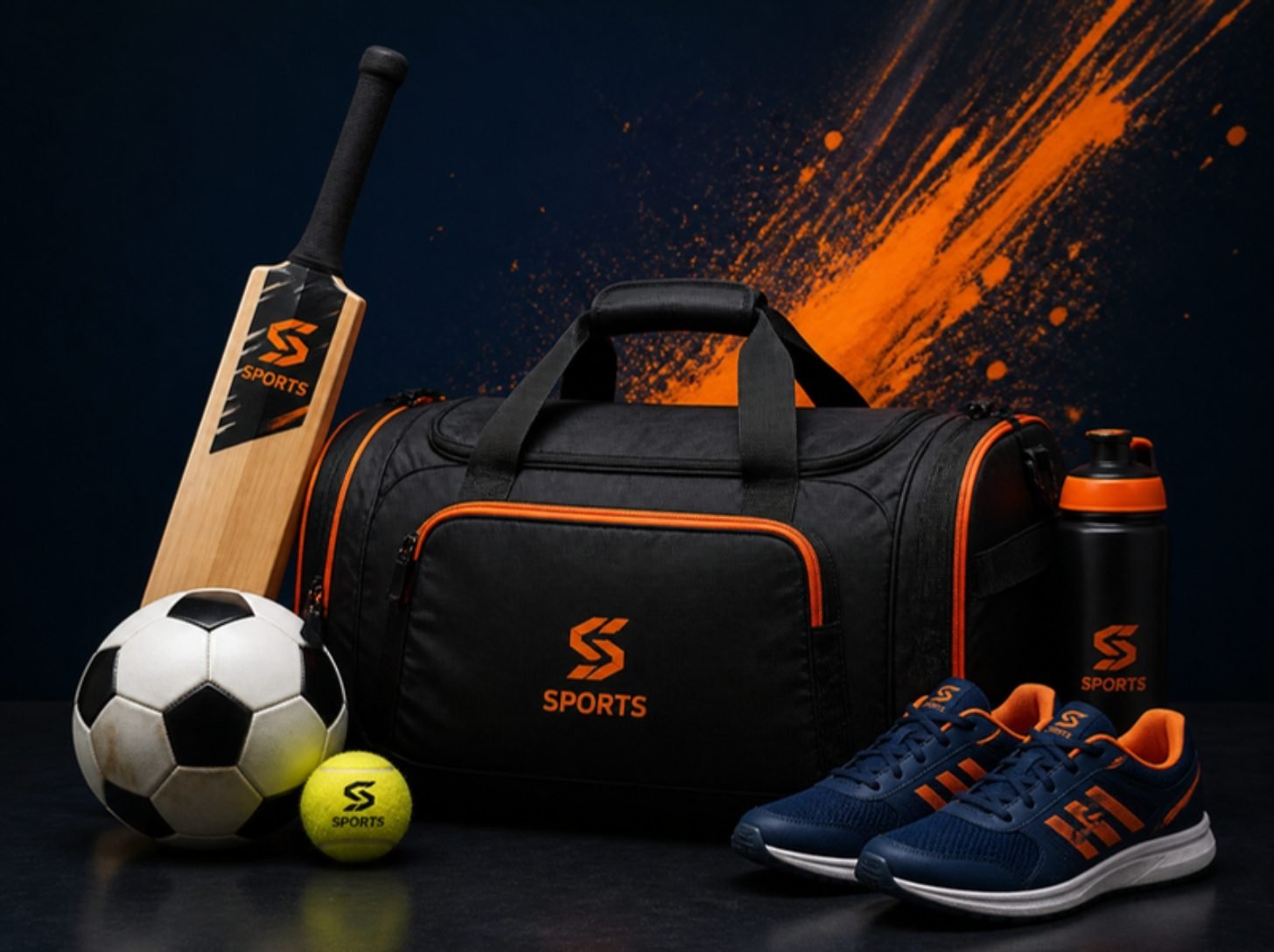 Cricket bat, football, tennis ball, running shoes and sports bag